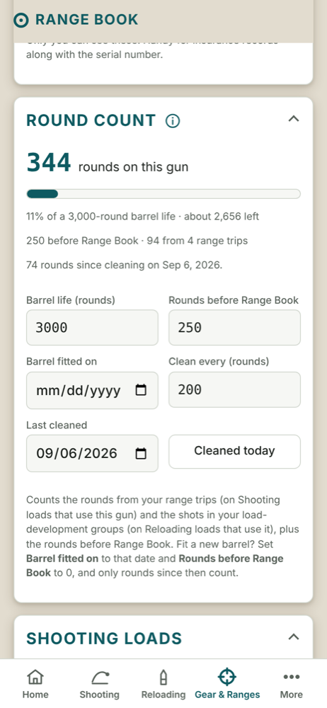 A gun's round count, barrel life and cleaning reminder