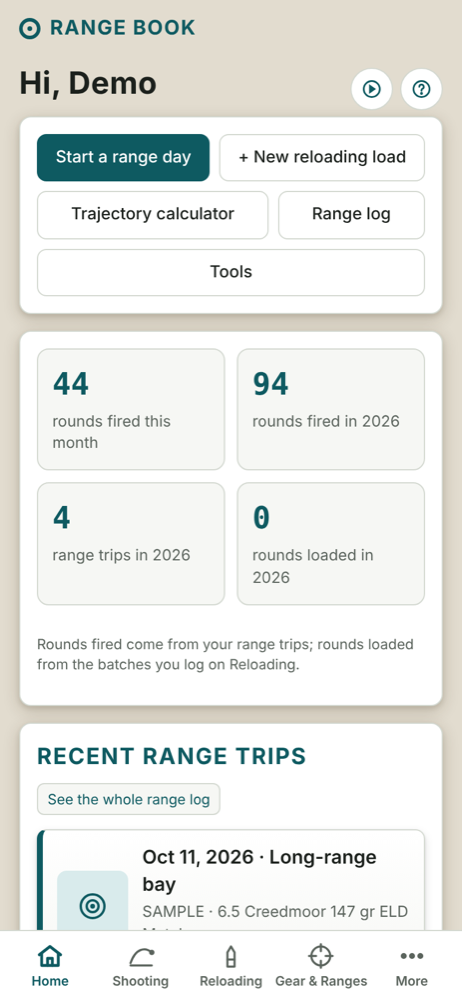 The home screen with rounds fired and recent range trips