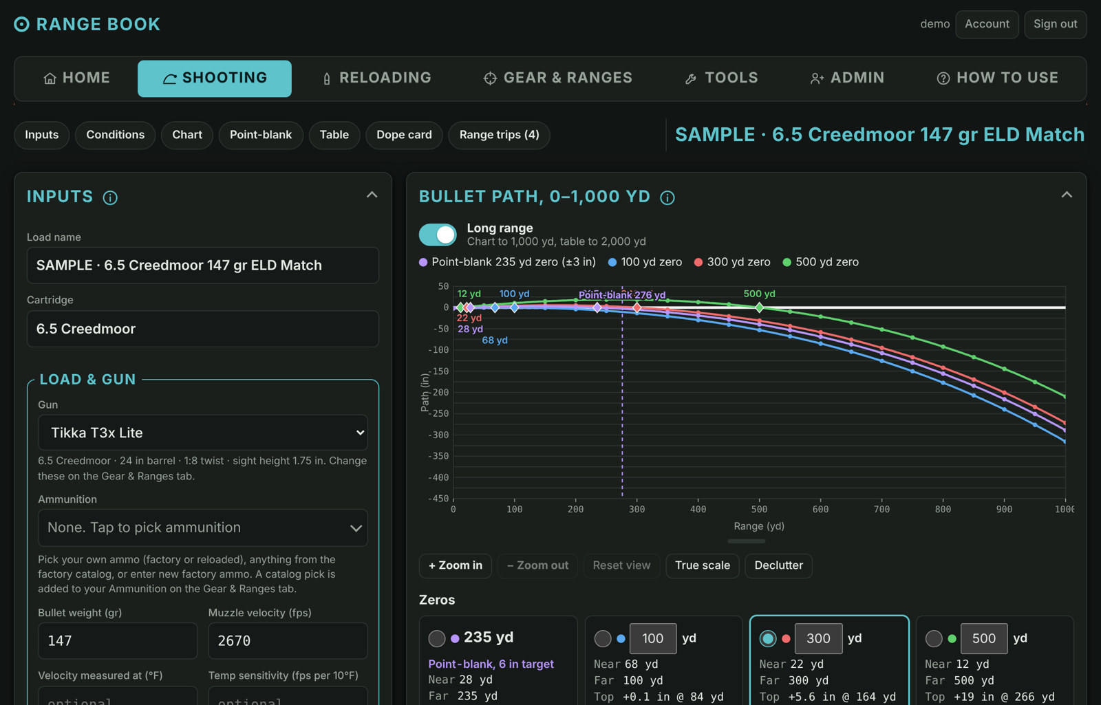 The Shooting page: a bullet path chart with several zeros, in the dark theme